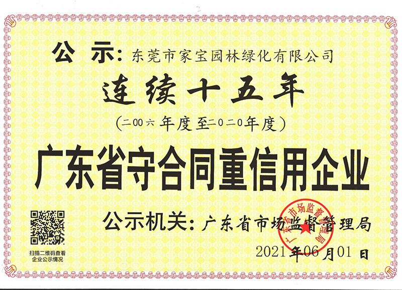 連續十五年（2006年度至2022年度）廣東省守合同重信用企業(yè)